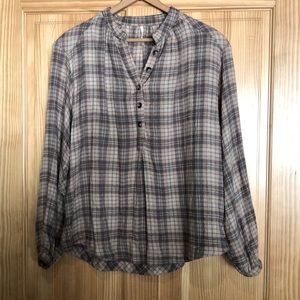 Free people, size XS, oversized, button half down, brown, cream, red shirt.